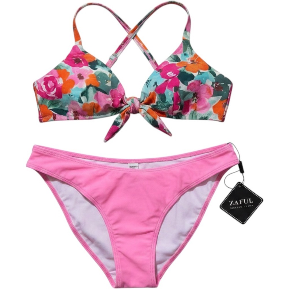 Zaful Floral Tie Front Bikini Top and Neon Pink High Cut Bottoms Set S/M NWT